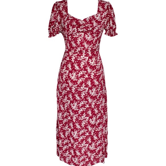 Burgundy Floral Midi Dress with side slit - Picture 4 of 11